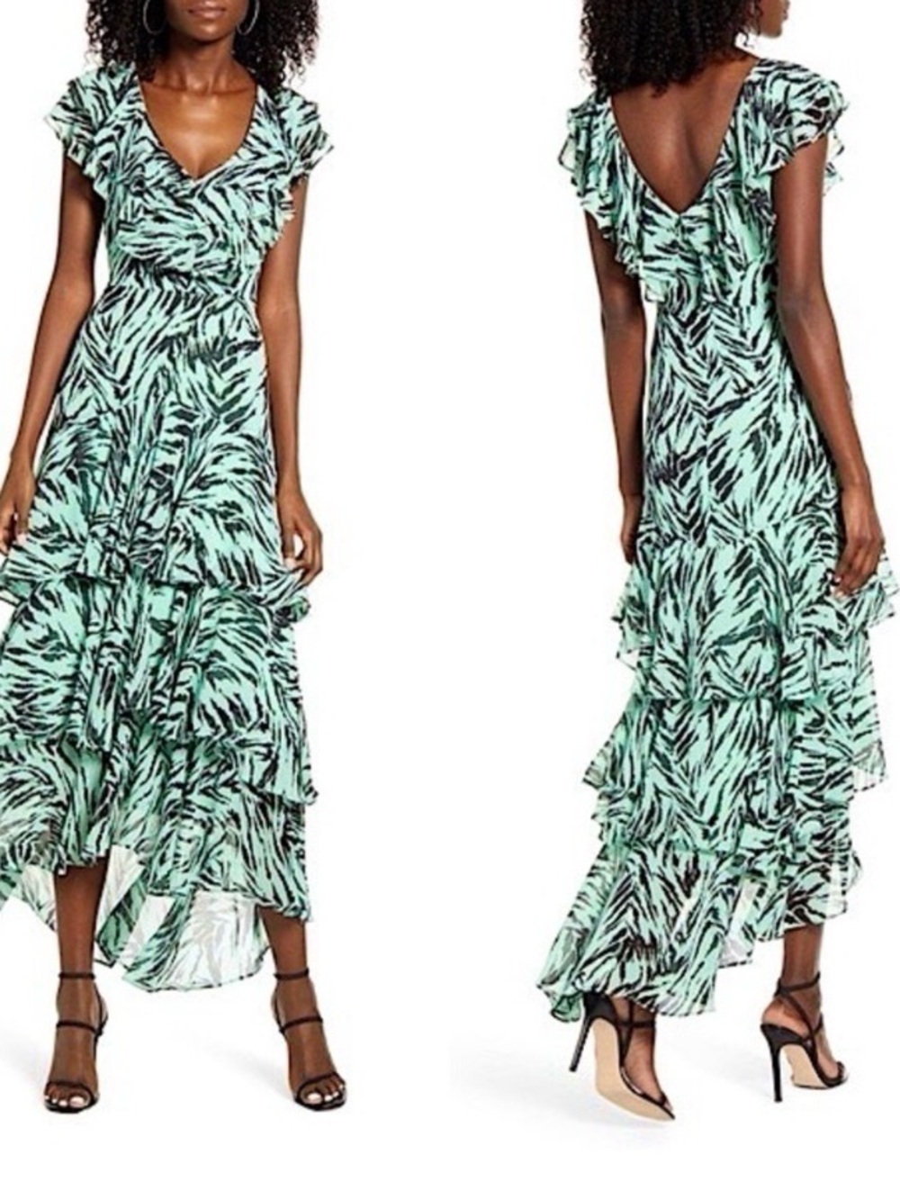 Wayf Mint and Black Zebra-Print High-Low Ruffle Maxi Dress